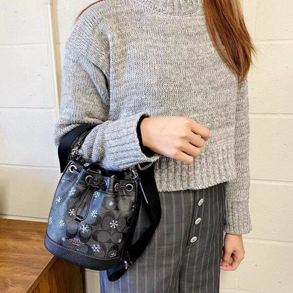 Coach CE587 Dempsey Drawstring Bucket Bag 15 With Snowflake Print Silver/Graphit - Picture 1 of 9